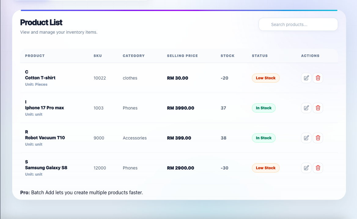 Actual Storly product list showing product quantities and stock status