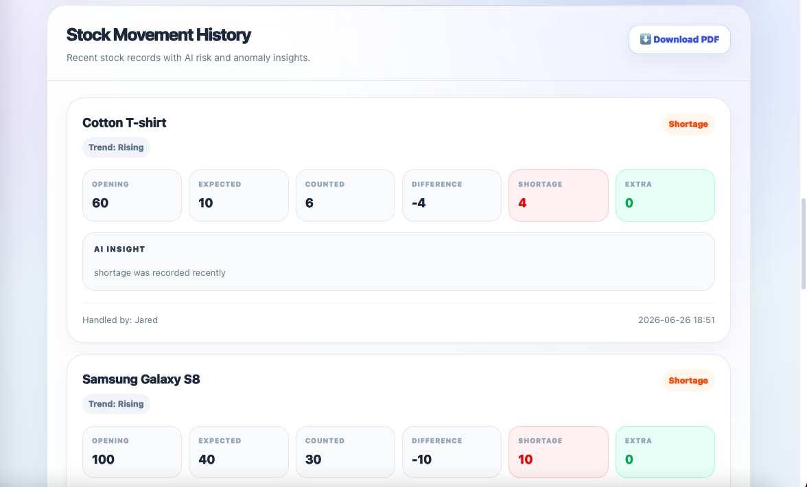 Storly stock movement screen showing inventory quantity changes